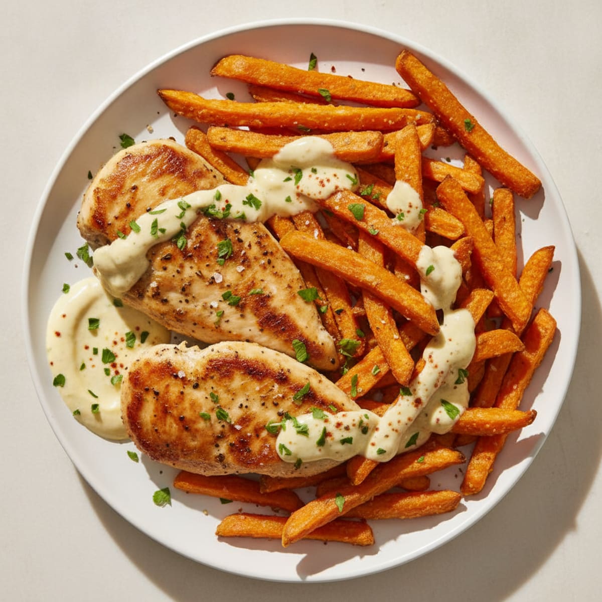 Baked Sweet Potato Fries with Garlic Aioli and Herb Chicken