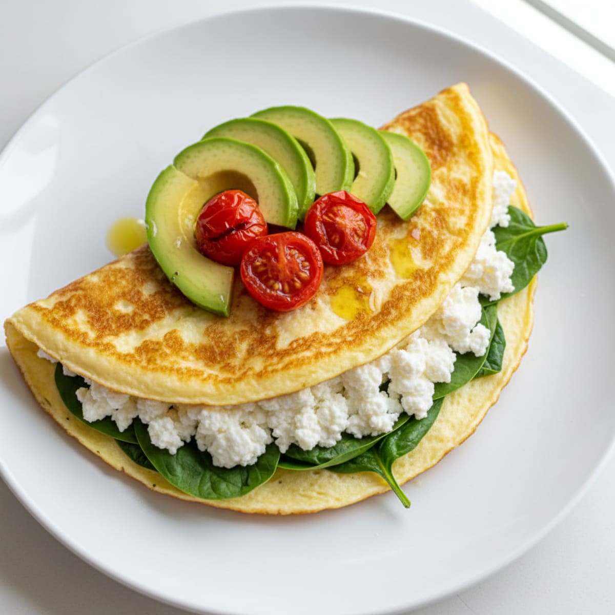 Egg White Spinach Omelette with Cottage Cheese and Cherry Tomatoes