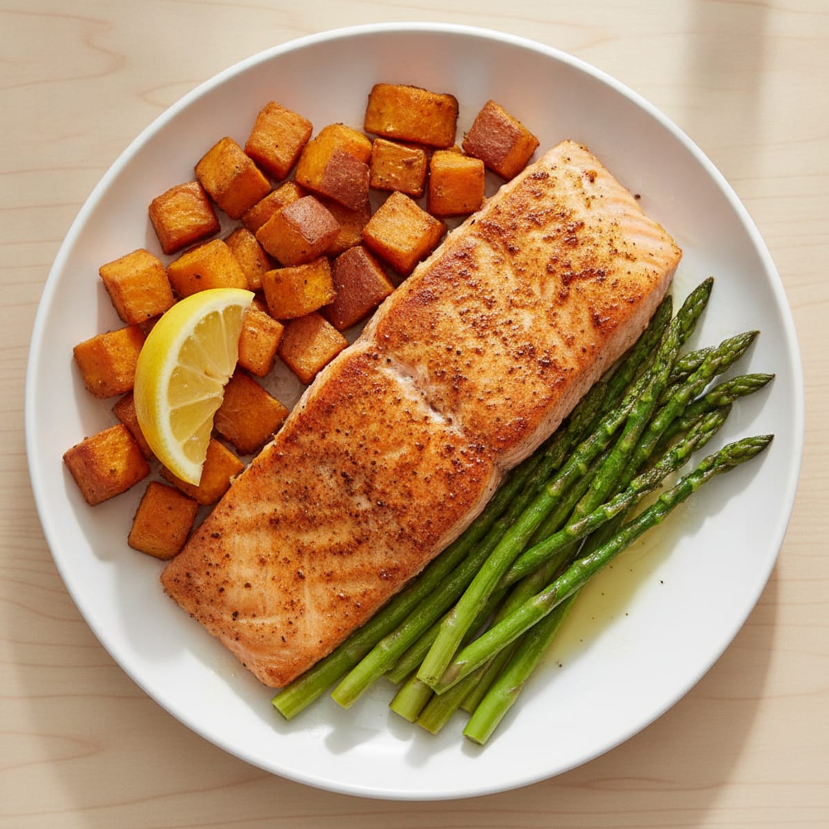 Seared Salmon Fillet with Roasted Sweet Potatoes and Asparagus