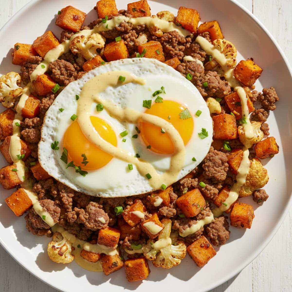 Sweet Potato Hash with Eggs and Beef