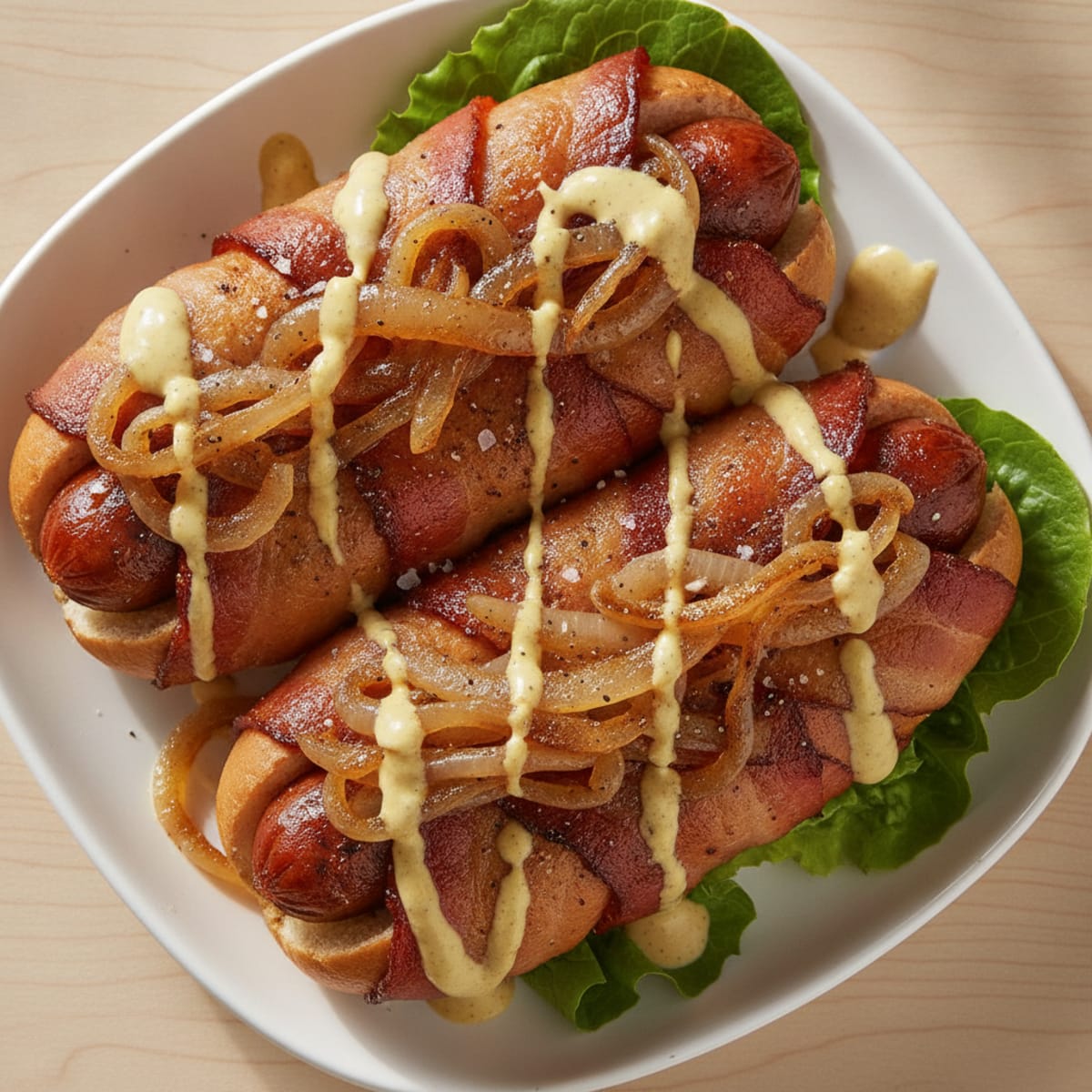 Bacon-Wrapped Hot Dogs with Caramelized Onions