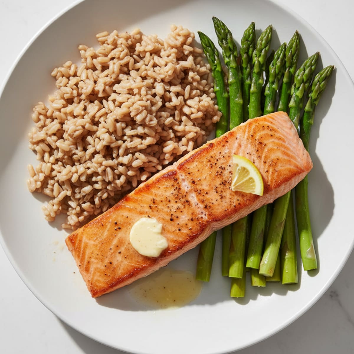 Seared Salmon Fillet with Steamed Asparagus and Brown Rice