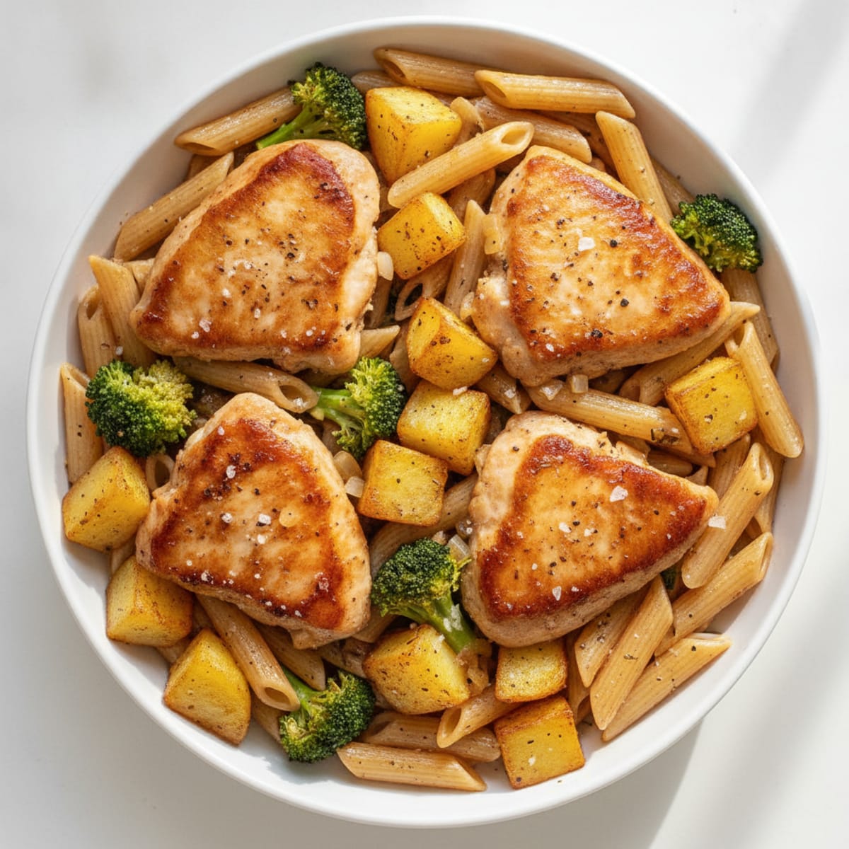 Herb-Roasted Chicken Thighs with Penne, Potatoes, and Broccoli