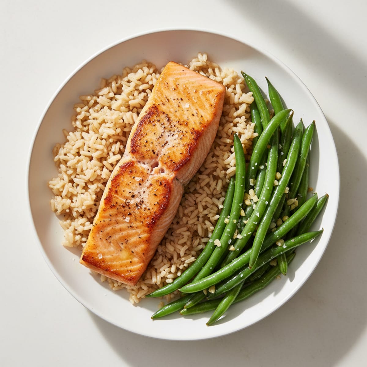 Seared Salmon with Garlic Green Beans and Brown Rice