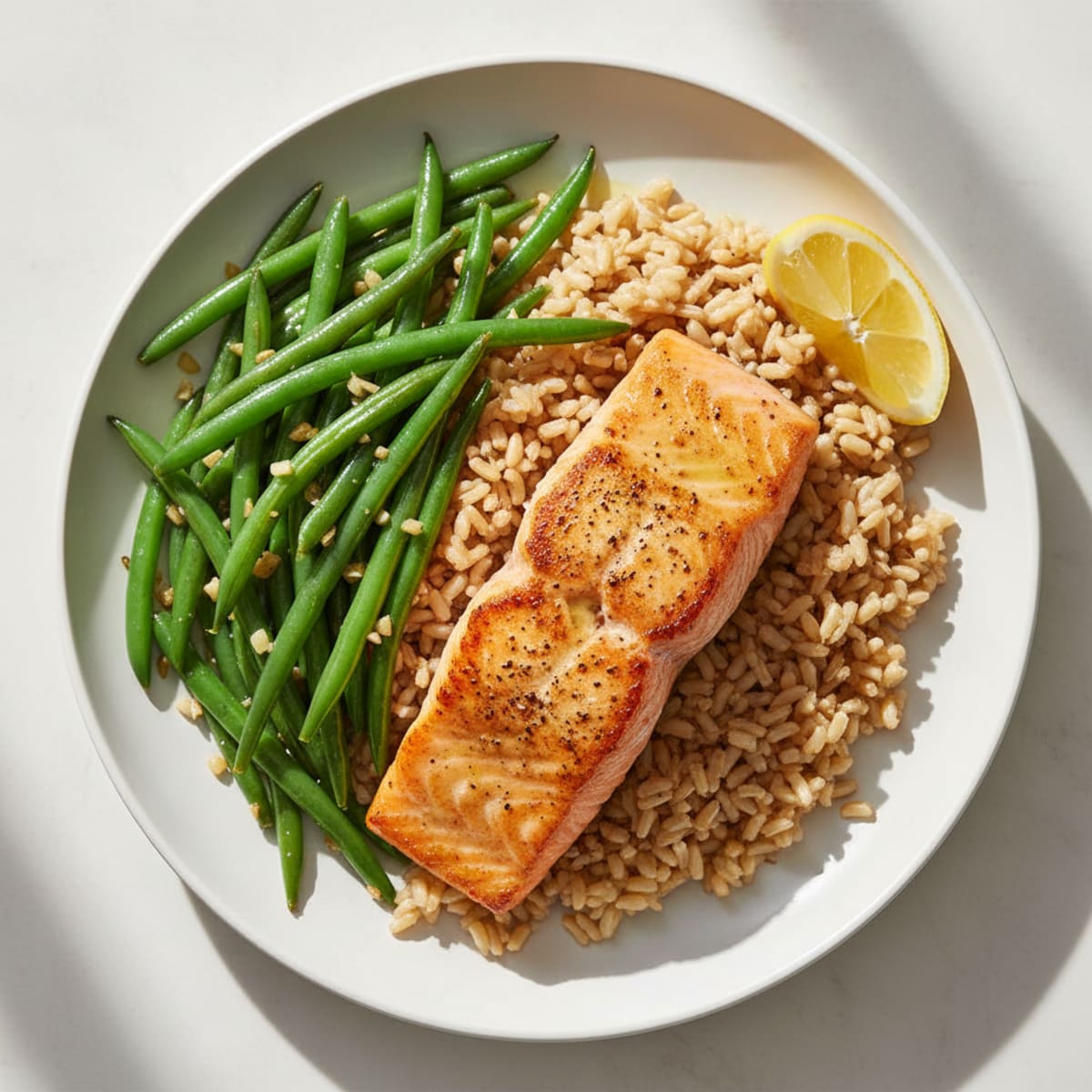 Seared Salmon with Garlic Green Beans and Brown Rice