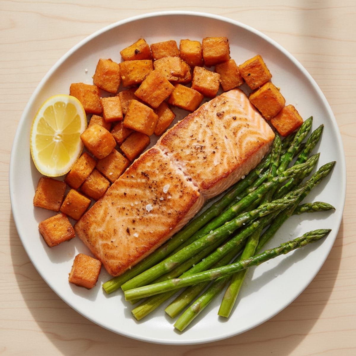 Seared Salmon with Roasted Sweet Potatoes and Asparagus