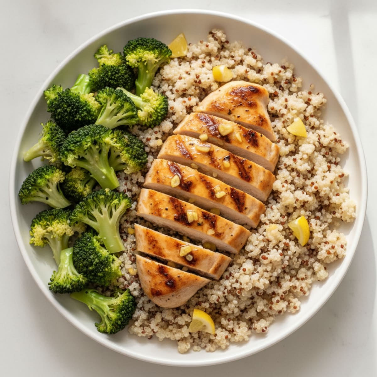 Grilled Lemon-Garlic Chicken Breast with Quinoa and Steamed Broccoli