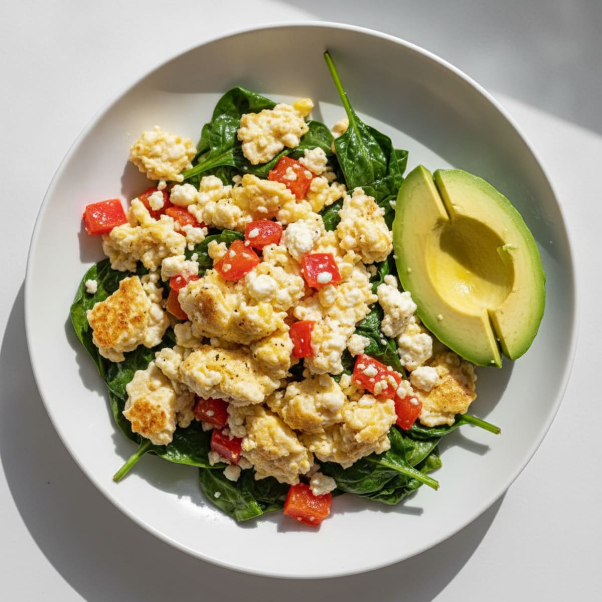 Egg White Veggie Scramble with Cottage Cheese and Sautéed Spinach
