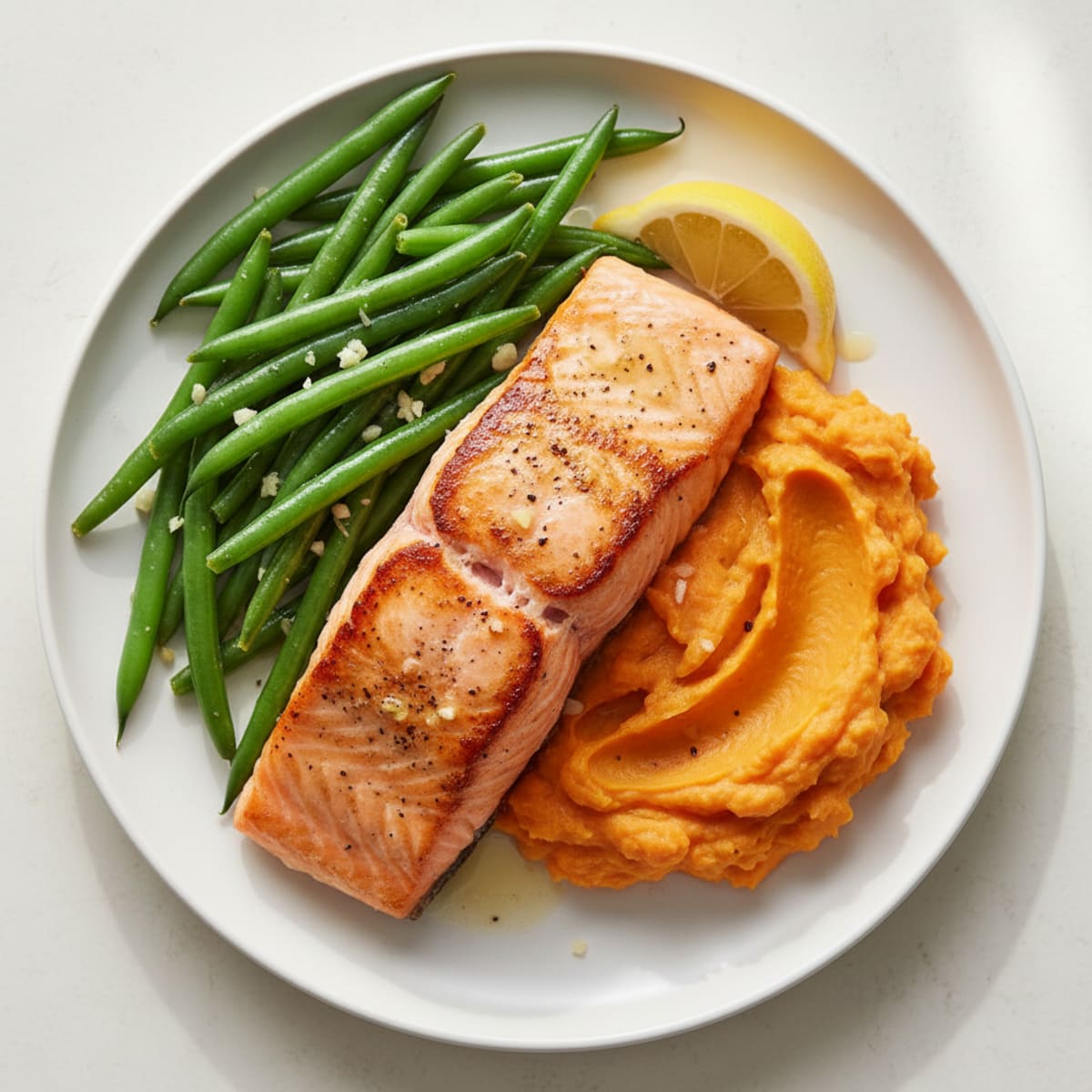 Seared Salmon Fillet with Garlic Green Beans and Mashed Sweet Potato