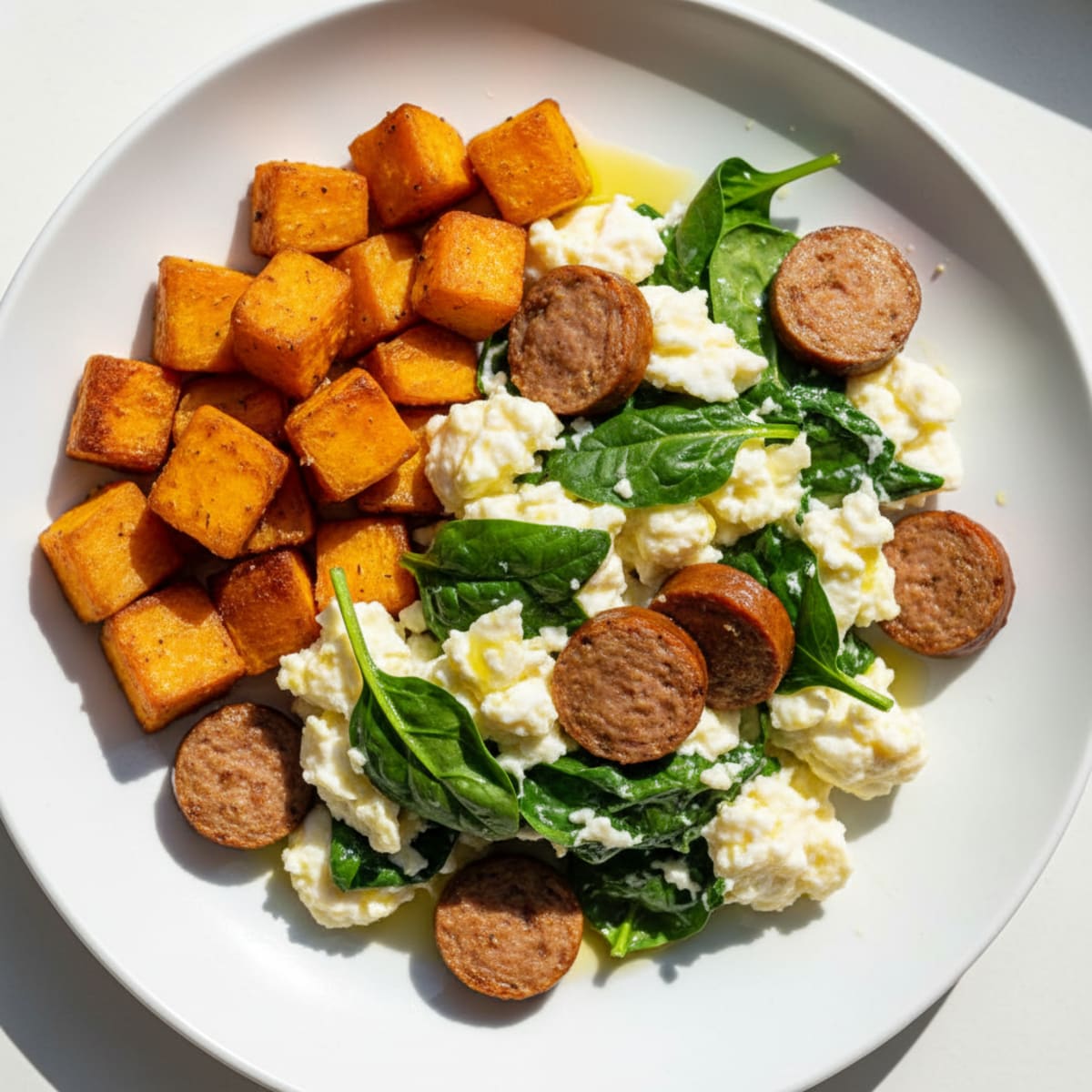 Egg White Spinach Scramble with Turkey Sausage and Roasted Sweet Potato
