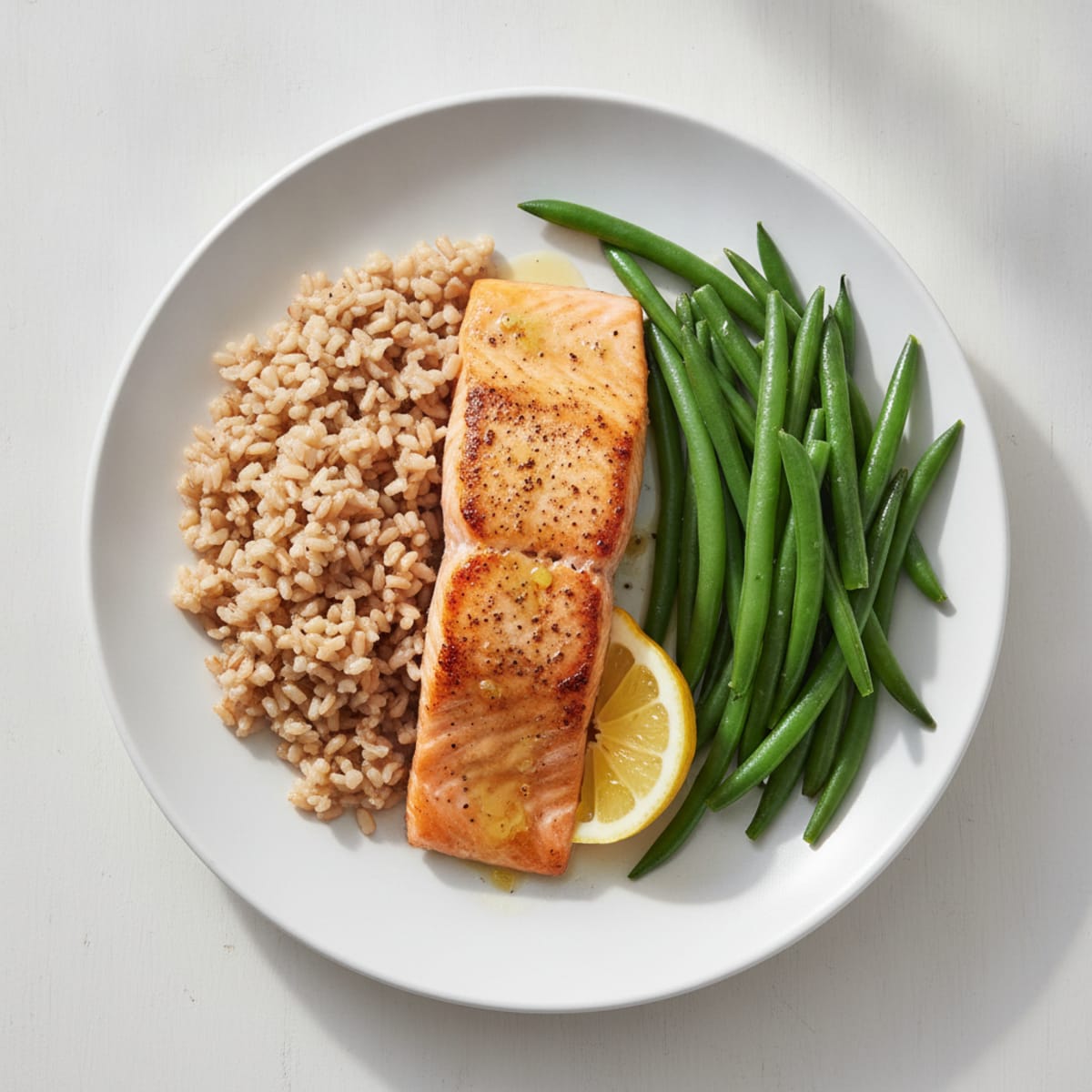 Seared Salmon Fillet with Steamed Green Beans and Brown Rice