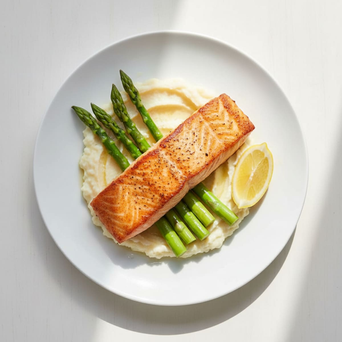 Seared Salmon with Steamed Asparagus and Cauliflower Mash