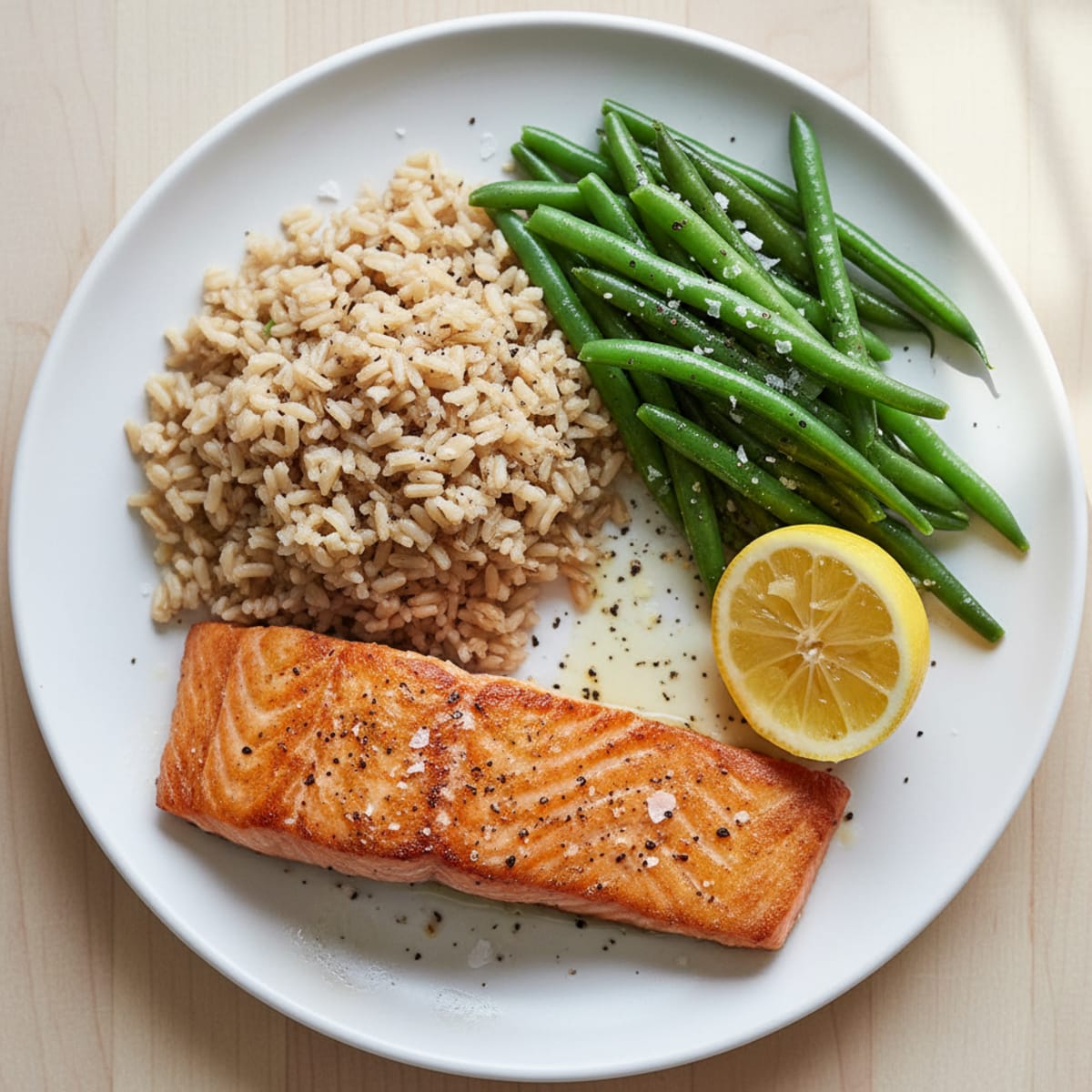 Seared Salmon with Steamed Green Beans and Brown Rice