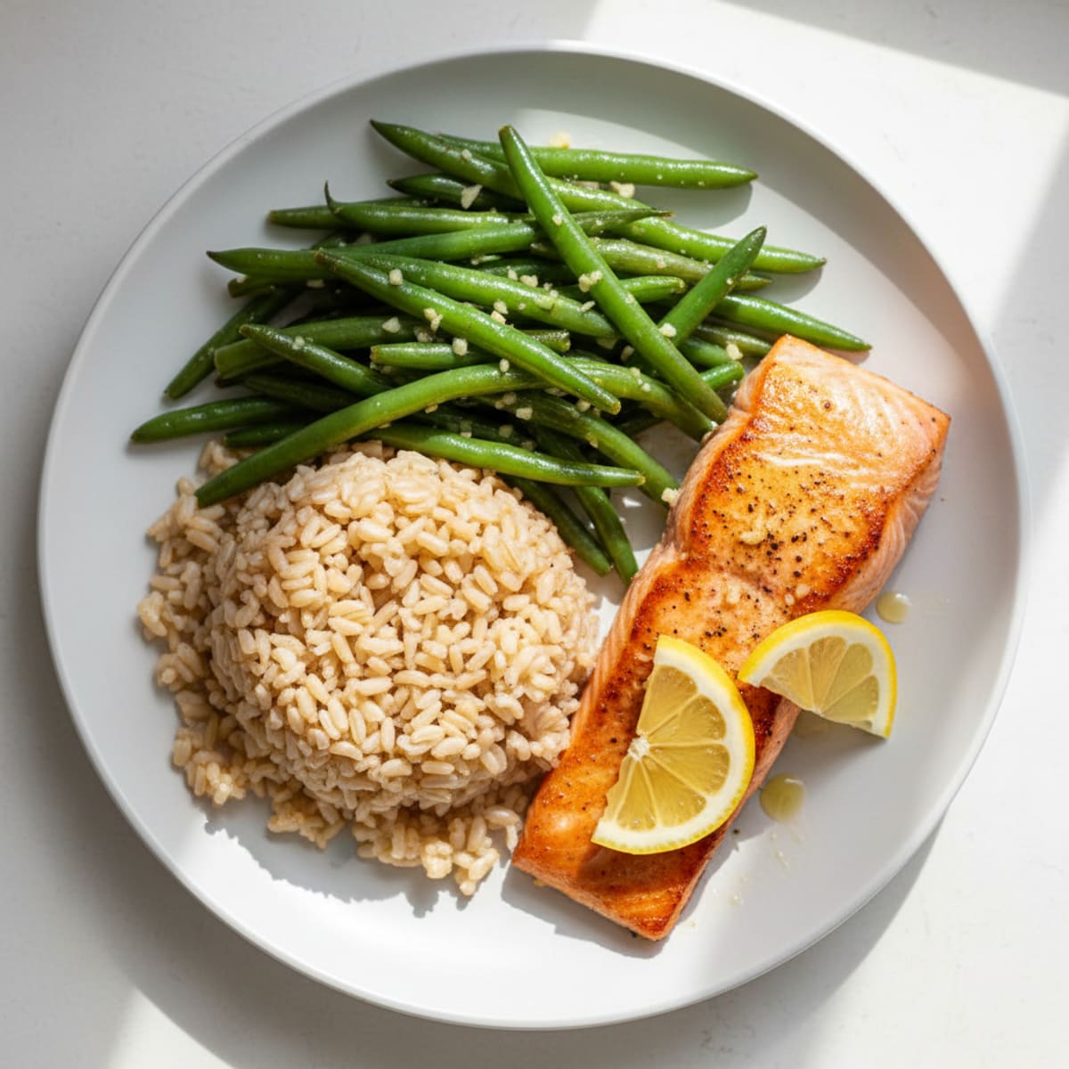 Seared Salmon Fillet with Garlic Green Beans and Brown Rice