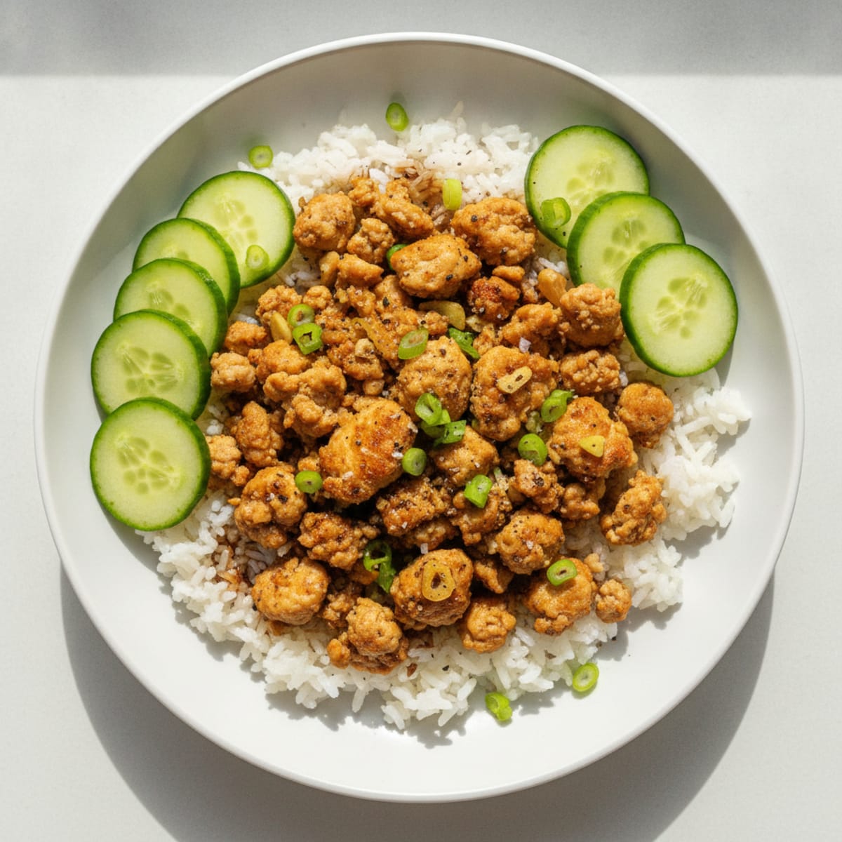 Ground Chicken Rice Bowl with Fresh Cucumbers