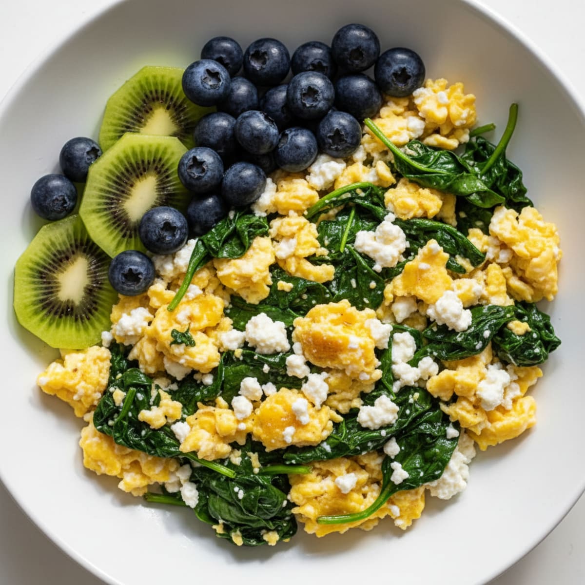 Cottage Cheese Egg Scramble with Sautéed Spinach and Blueberries