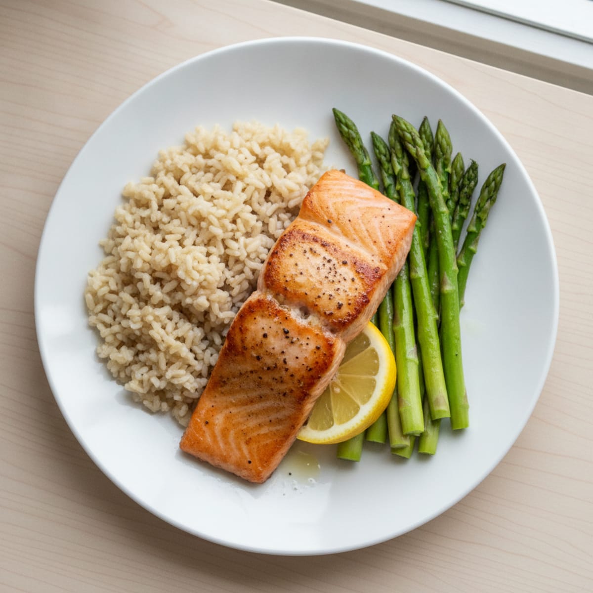 Seared Salmon with Steamed Asparagus and Brown Rice