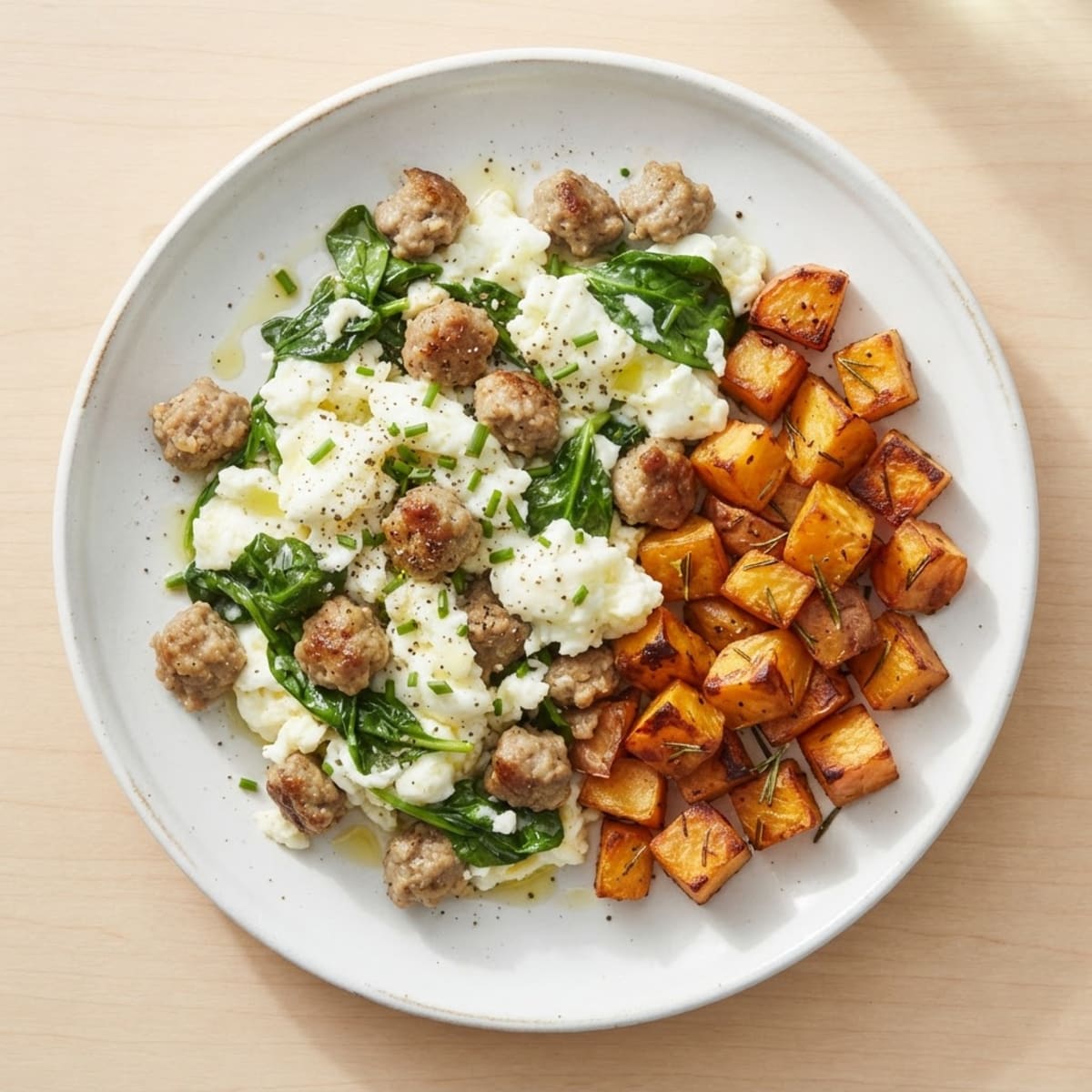 Egg White and Turkey Sausage Scramble with Roasted Sweet Potatoes