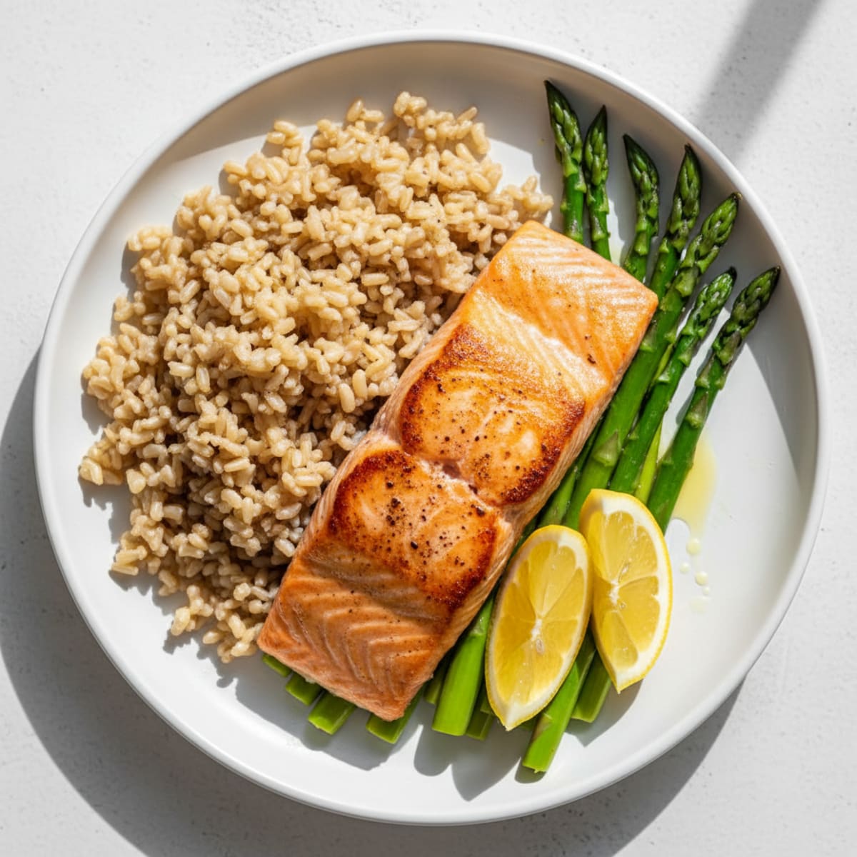 Seared Salmon with Steamed Asparagus and Brown Rice