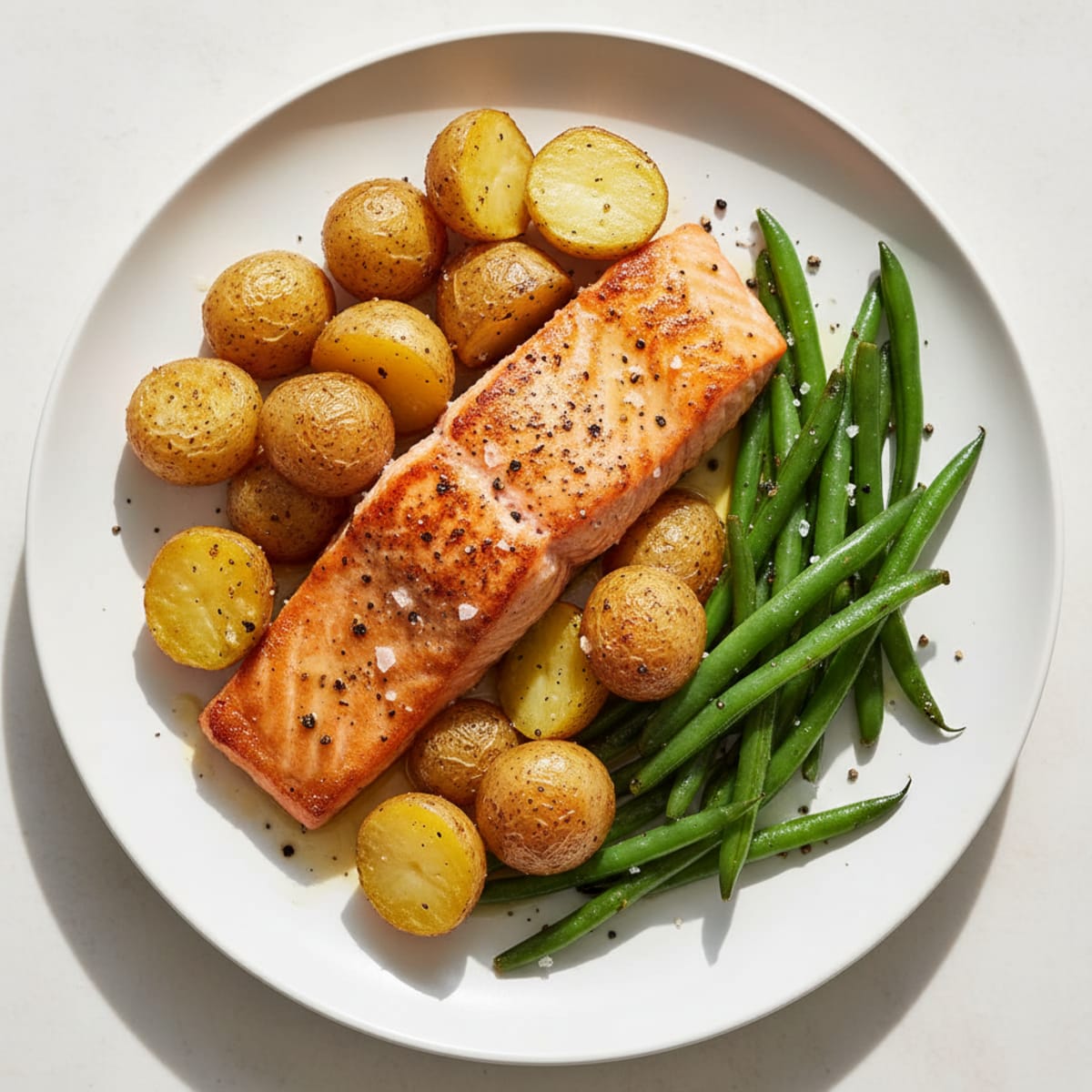 Pan-Seared Salmon with Roasted Potatoes and Green Beans