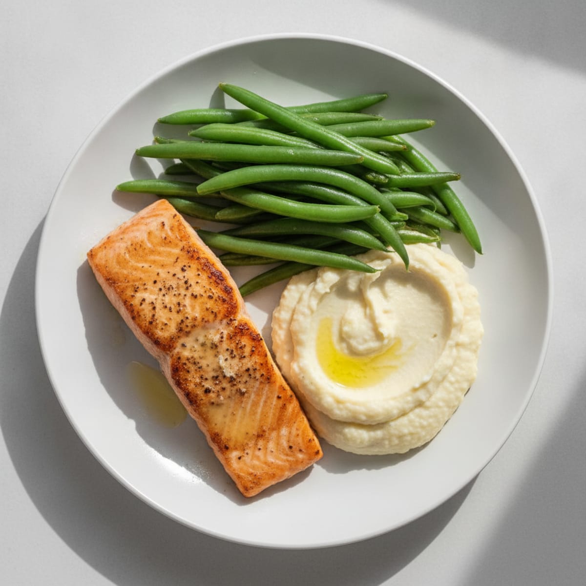 Seared Salmon with Steamed Green Beans and Garlic Mashed Cauliflower
