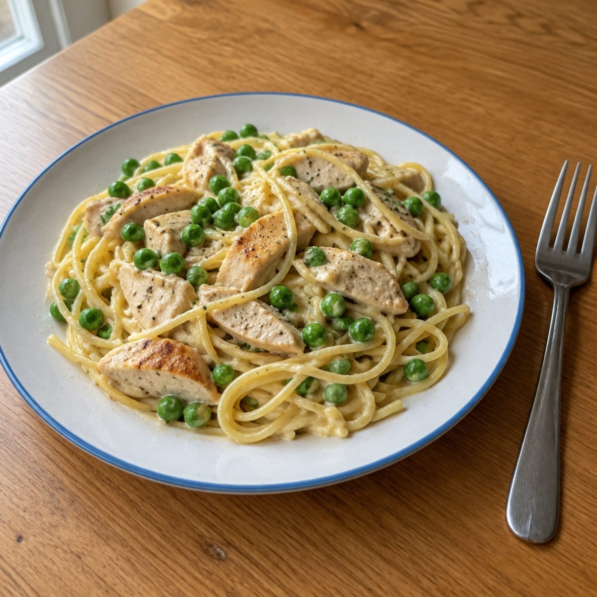 Chicken carbonara with peas