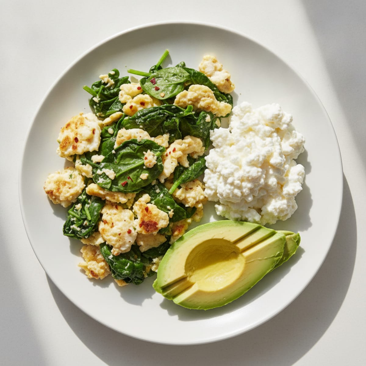 Egg White and Spinach Scramble with Cottage Cheese and Sliced Avocado