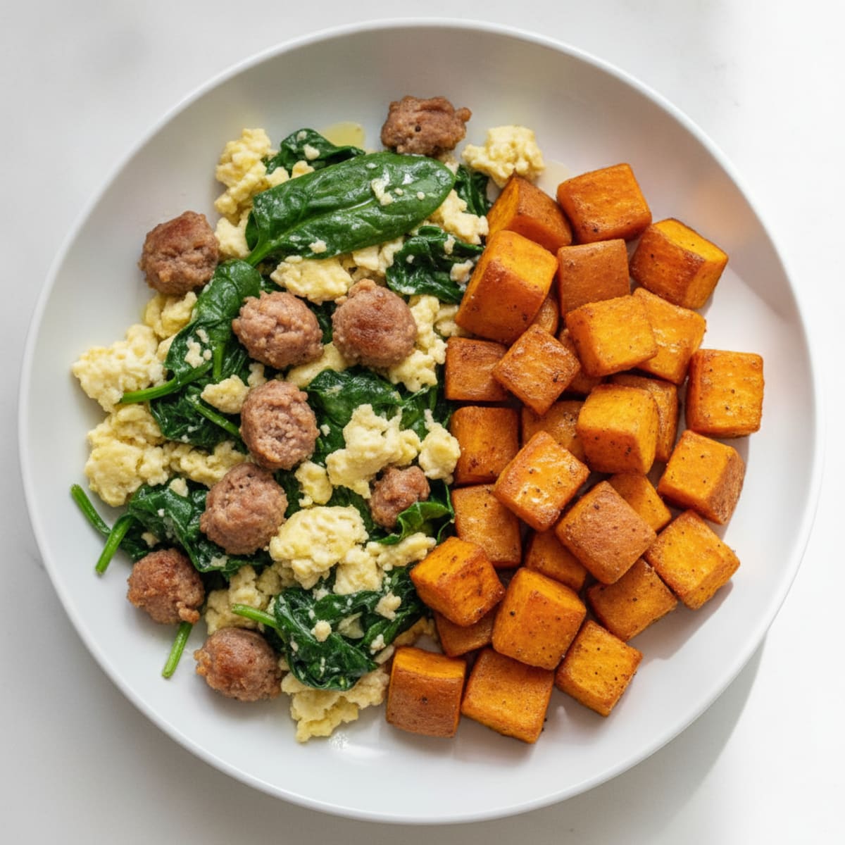 Egg White Spinach Scramble with Turkey Sausage and Roasted Sweet Potato