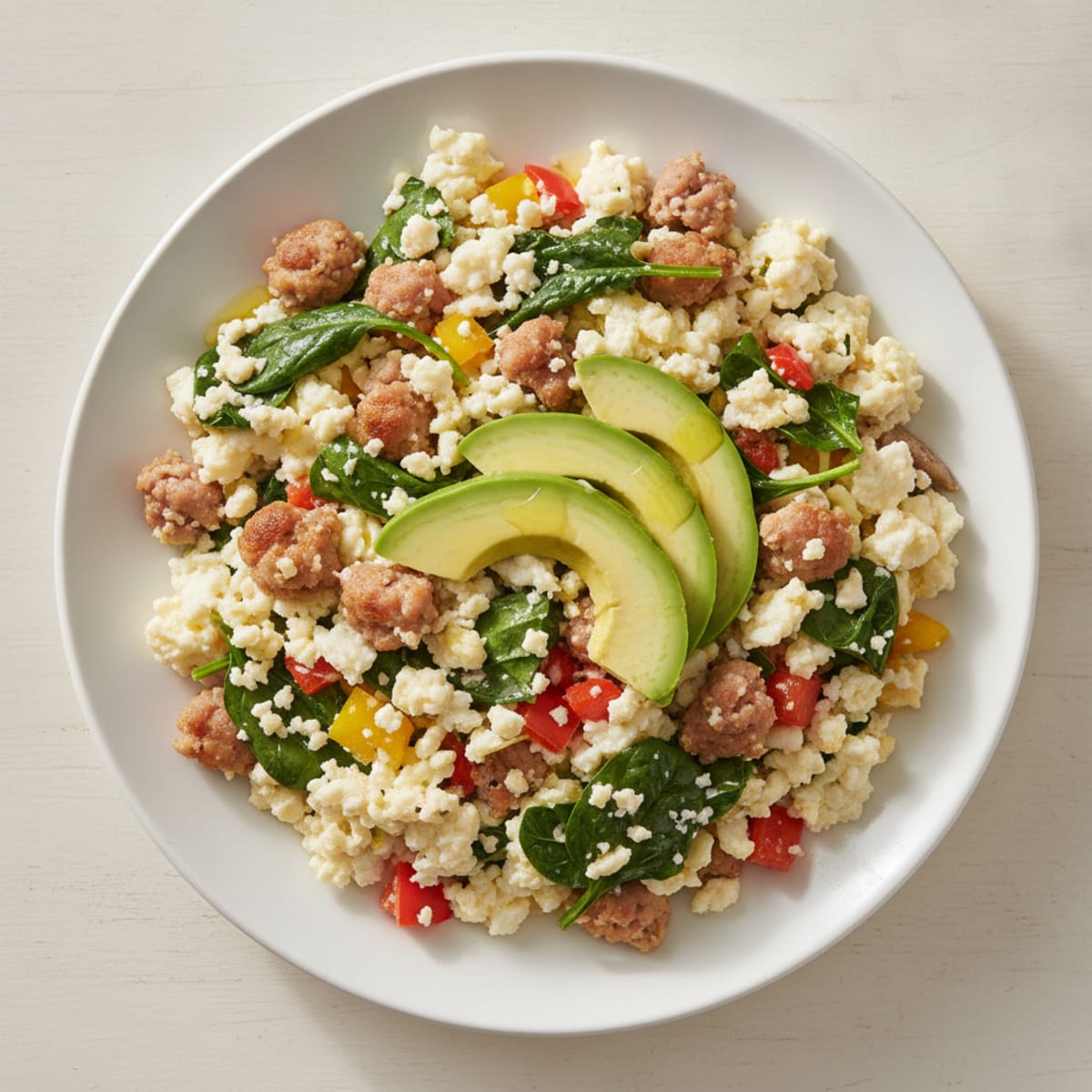 Egg White and Turkey Sausage Scramble with Spinach and Bell Peppers