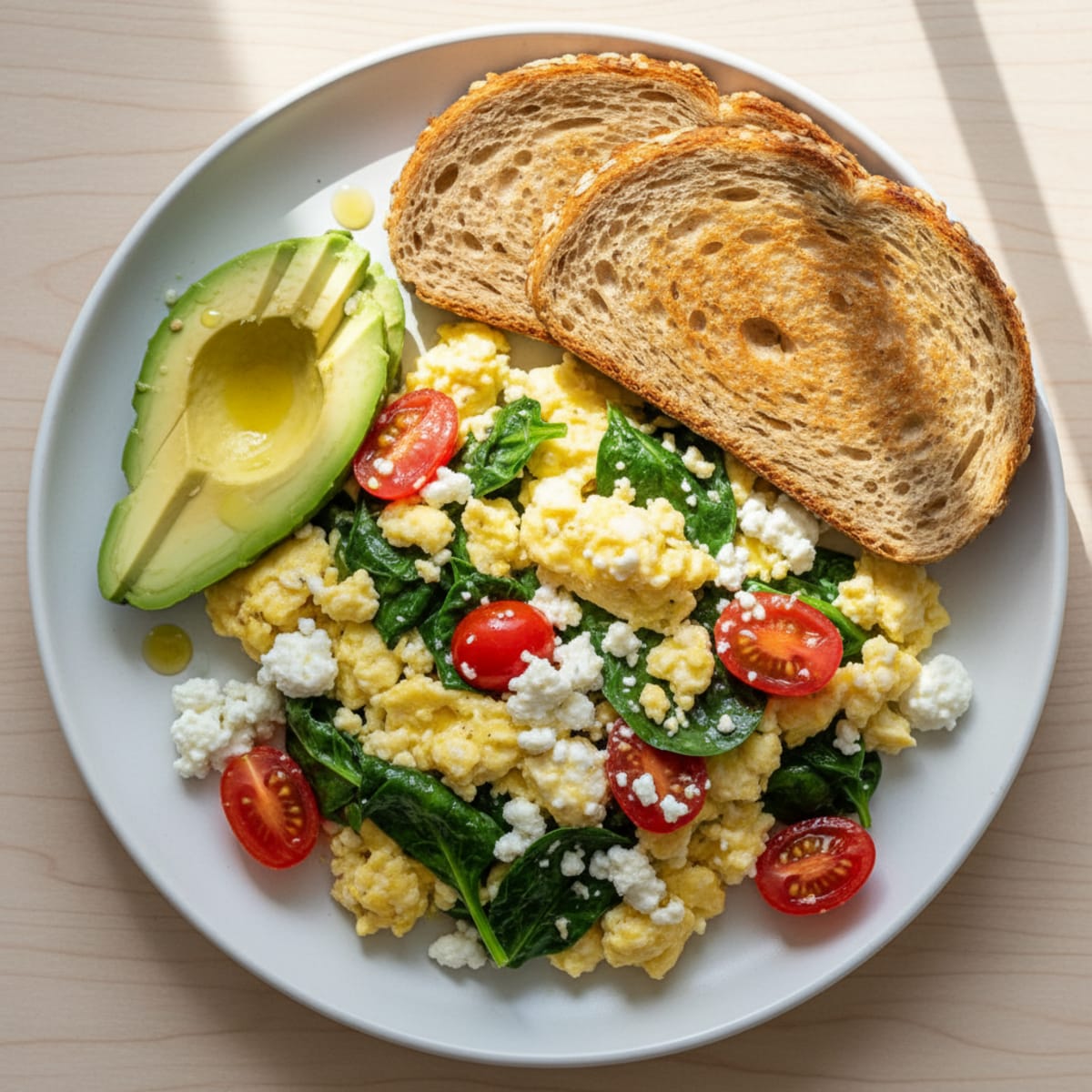 Cottage Cheese Egg Scramble with Spinach and Cherry Tomatoes