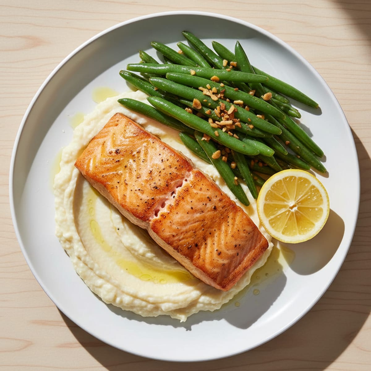Seared Salmon with Garlic Green Beans and Cauliflower Mash