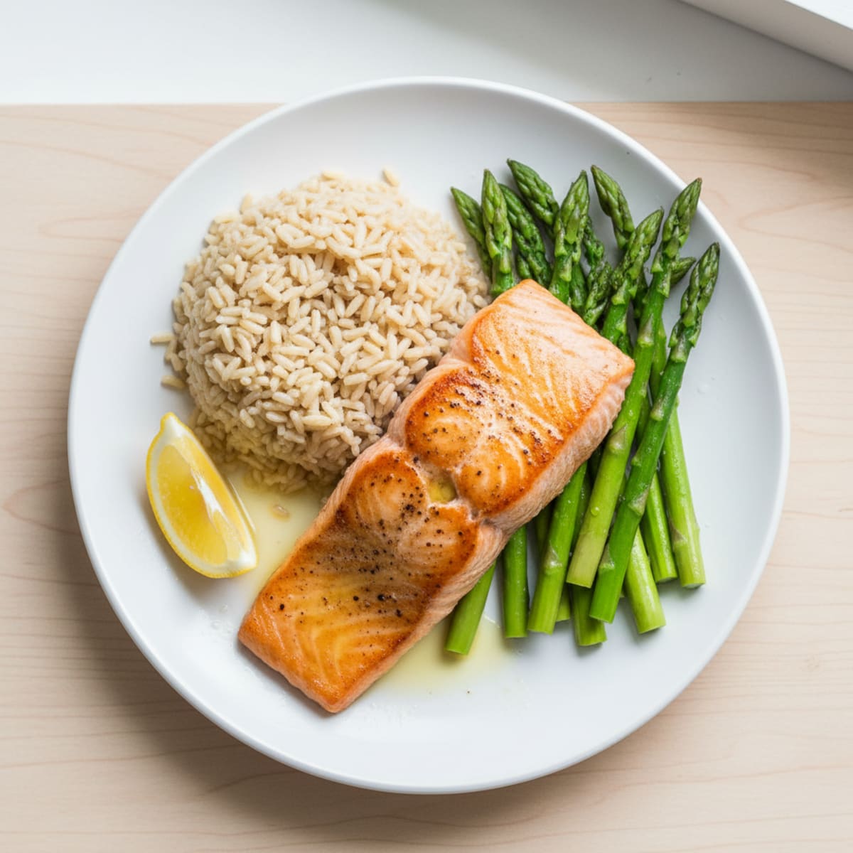 Seared Salmon Fillet with Steamed Asparagus and Brown Rice