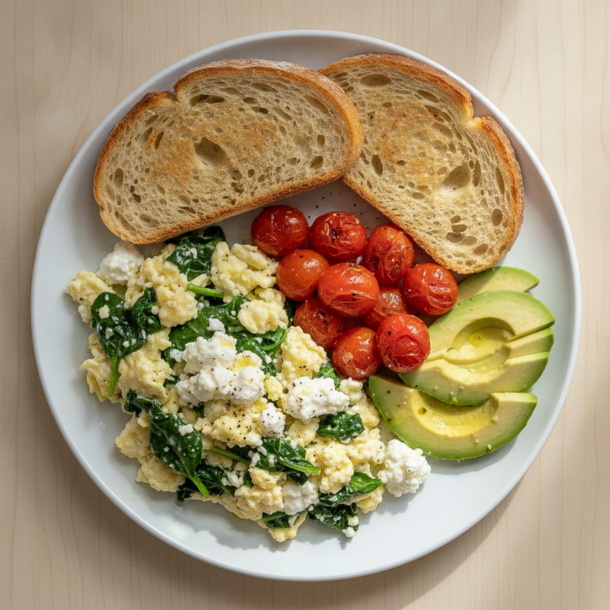 Egg White and Spinach Scramble with Cottage Cheese and Cherry Tomatoes