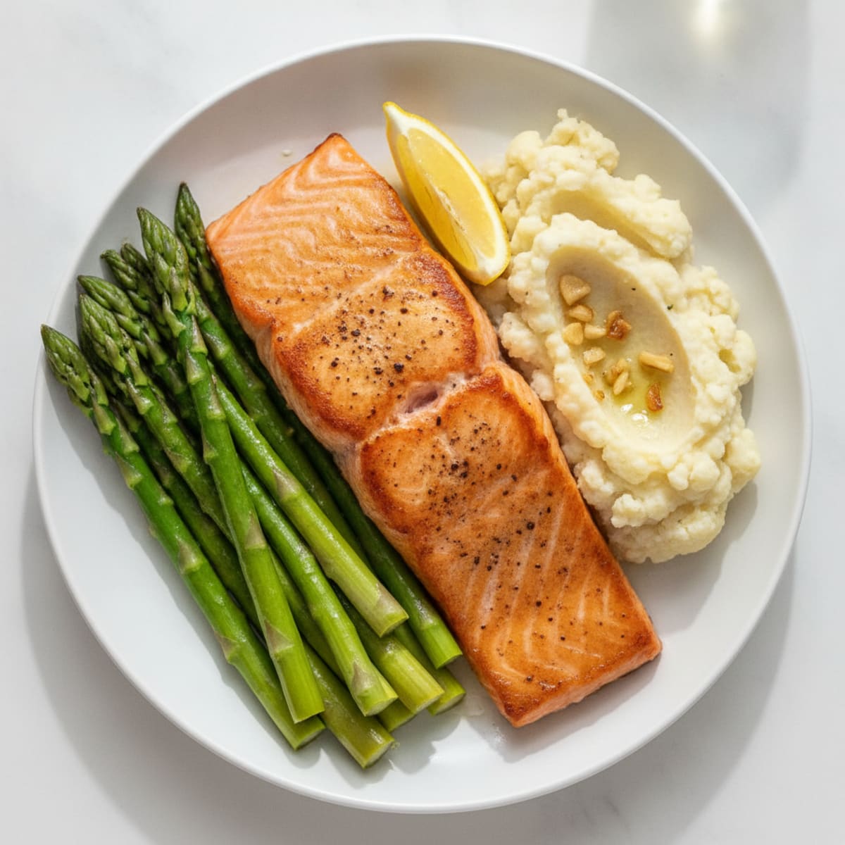 Seared Salmon with Steamed Asparagus and Garlic Mashed Cauliflower