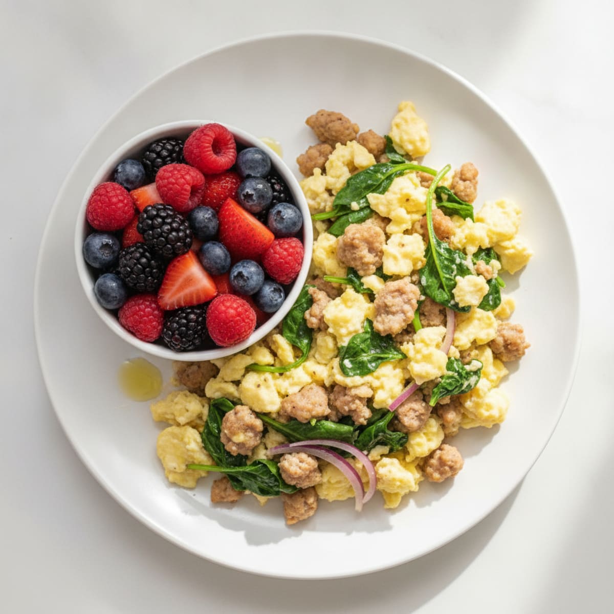 Egg White Spinach Scramble with Turkey Sausage and Fresh Berries