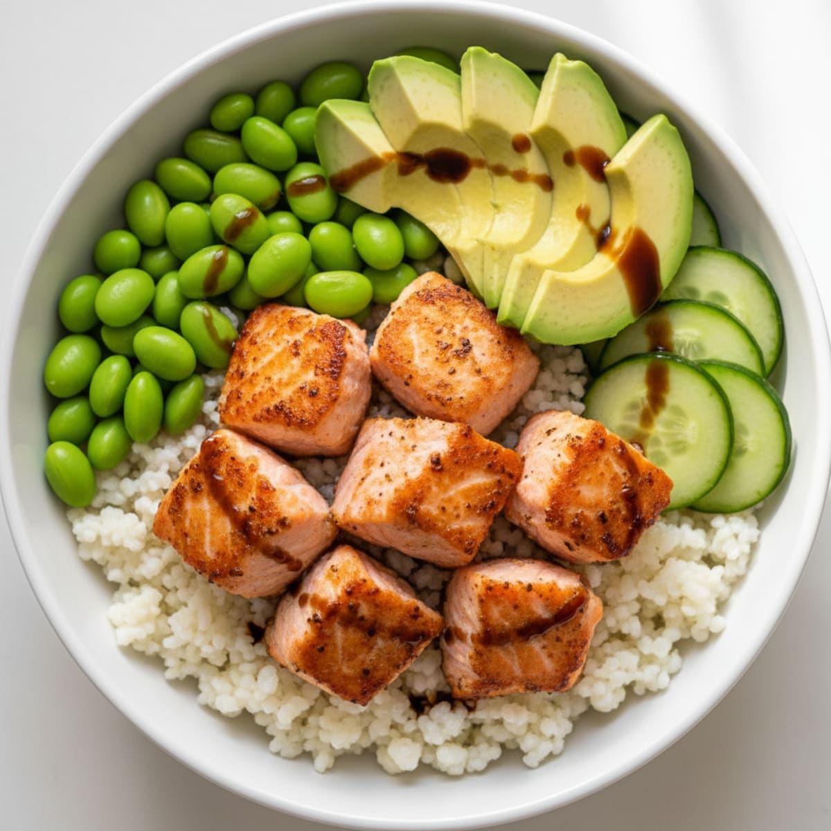 Seared Salmon Sushi Bowl with Edamame and Avocado