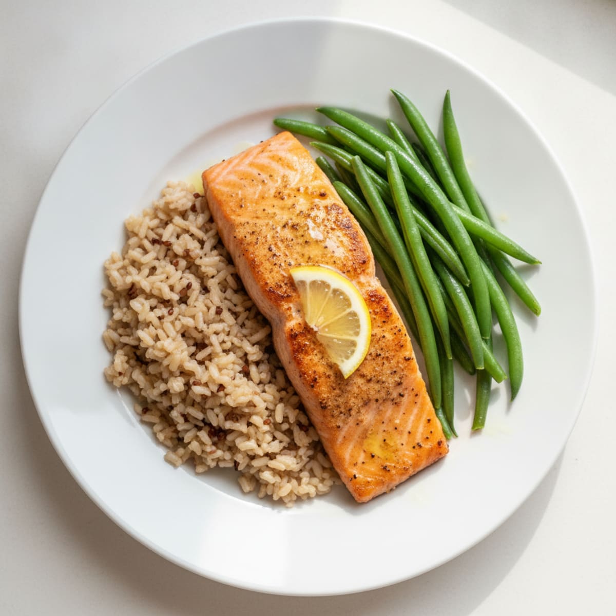 Seared Salmon Fillet with Steamed Green Beans and Brown Rice