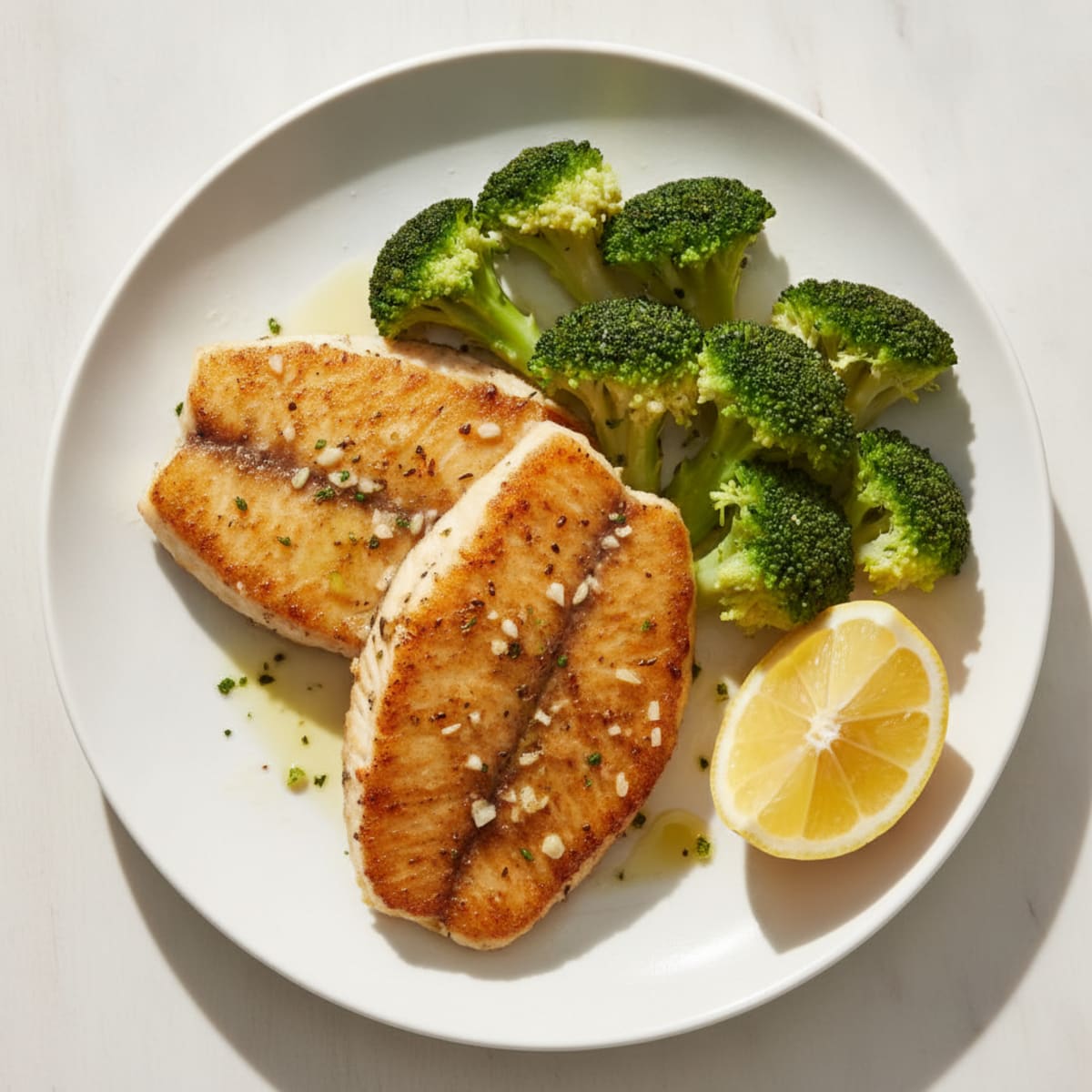 Seared Tilapia with Steamed Broccoli and Lemon