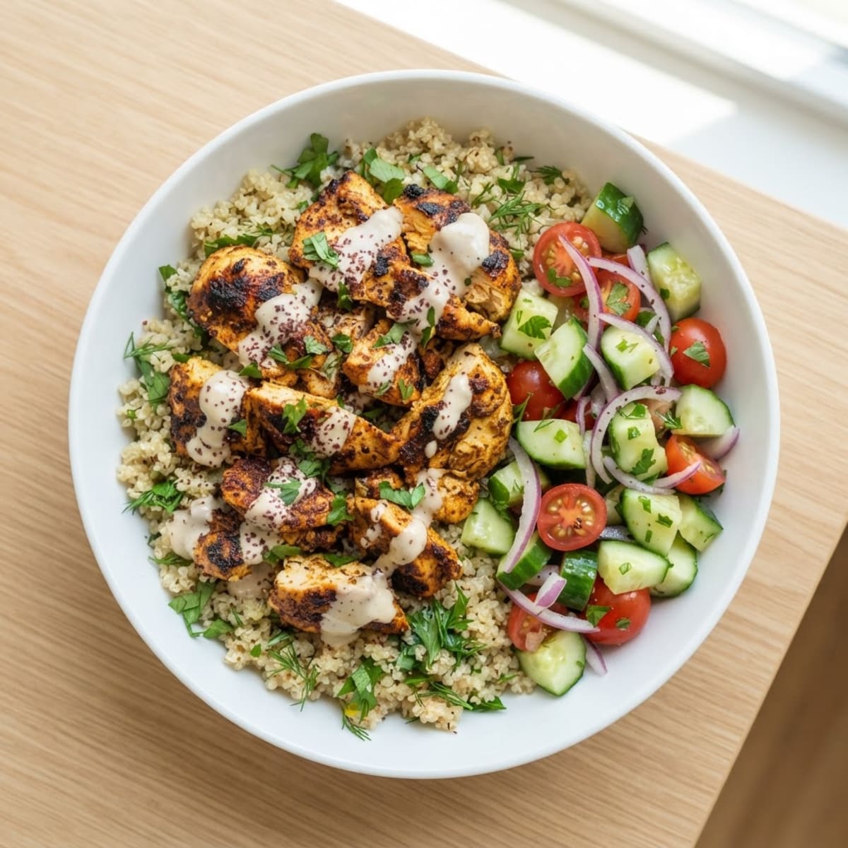 Grilled Chicken Shawarma Bowl with Quinoa and Cucumber-Tomato Salad