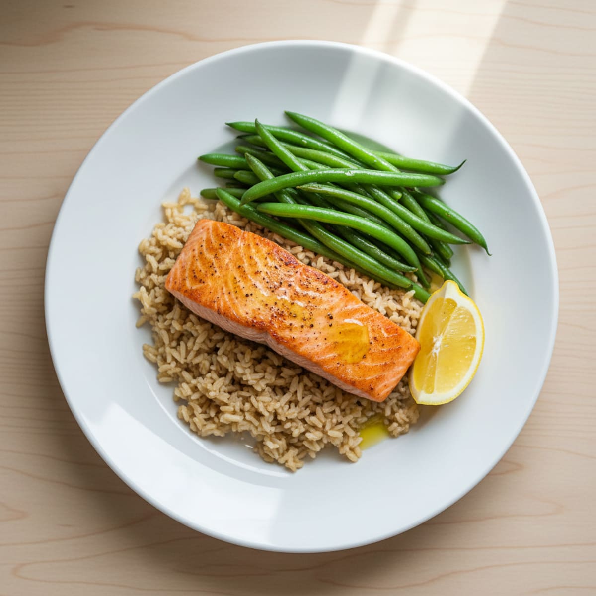 Seared Salmon with Steamed Green Beans and Brown Rice