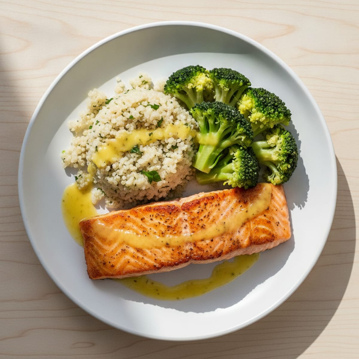 Seared Salmon with Steamed Broccoli and Quinoa