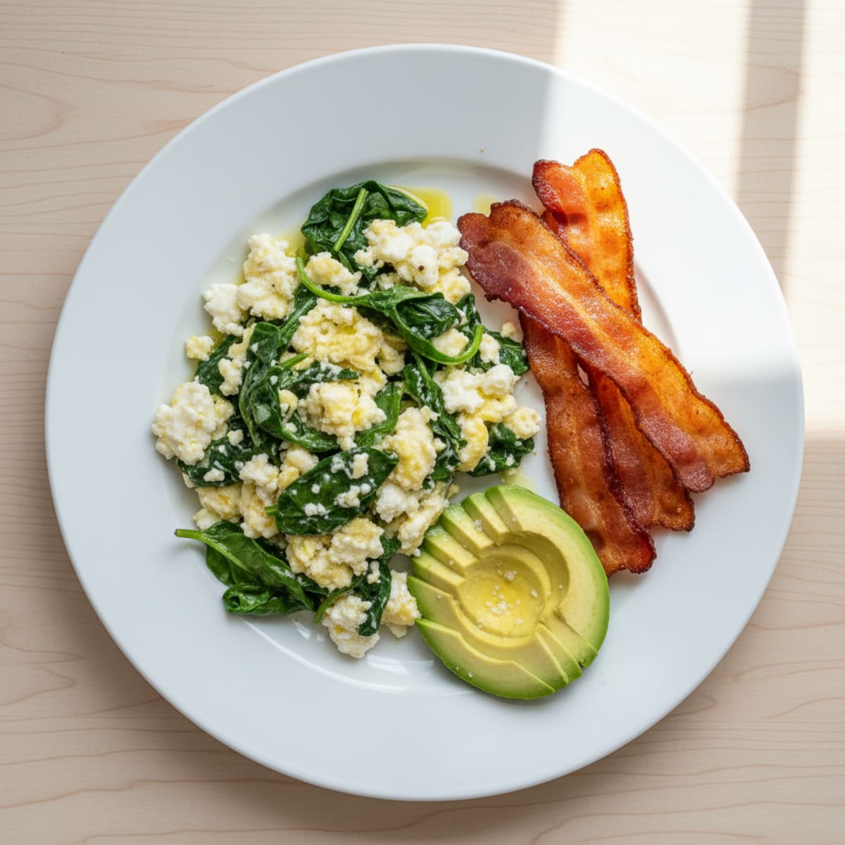 Cottage Cheese Egg White Scramble with Spinach and Turkey Bacon