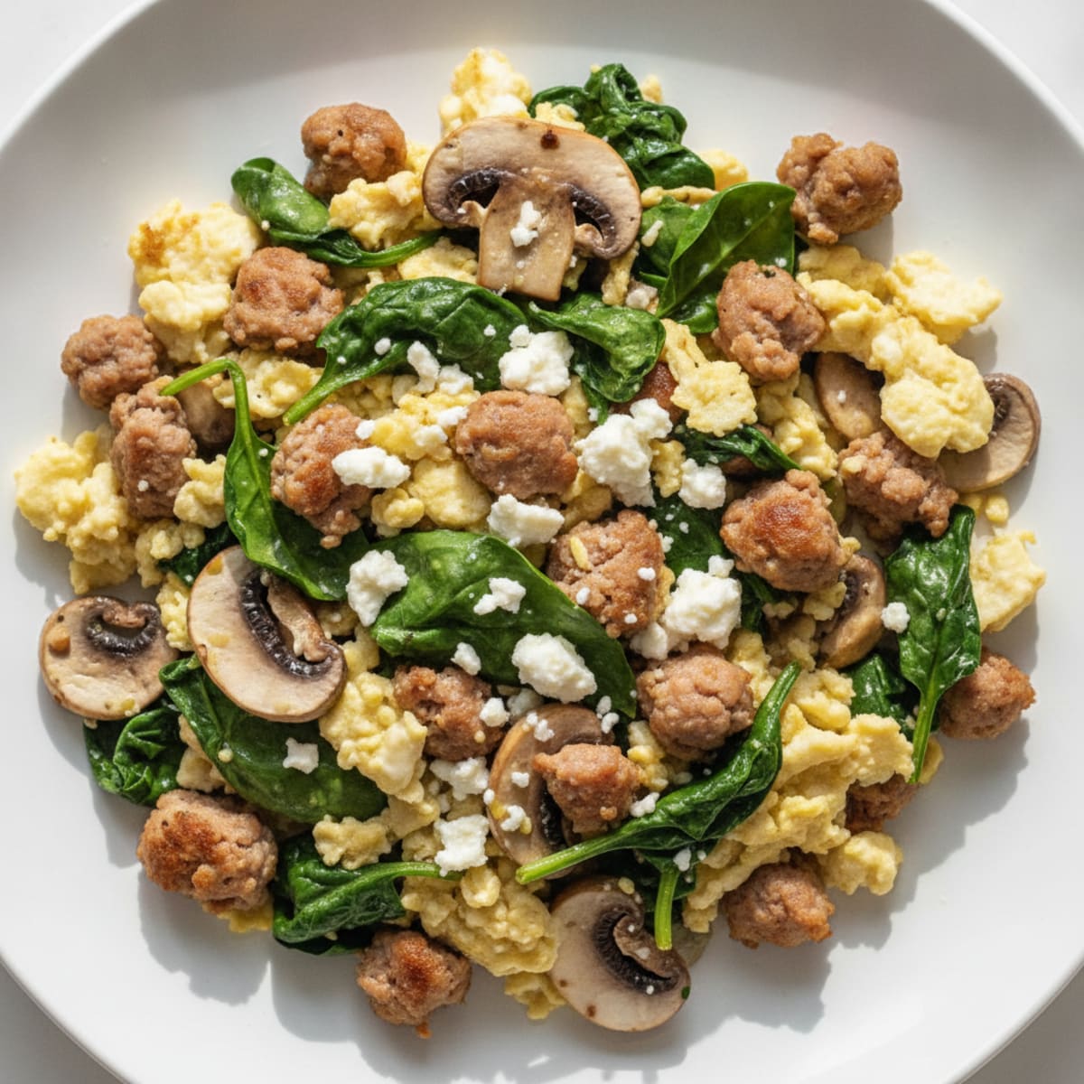 Egg White and Turkey Sausage Scramble with Spinach and Mushrooms