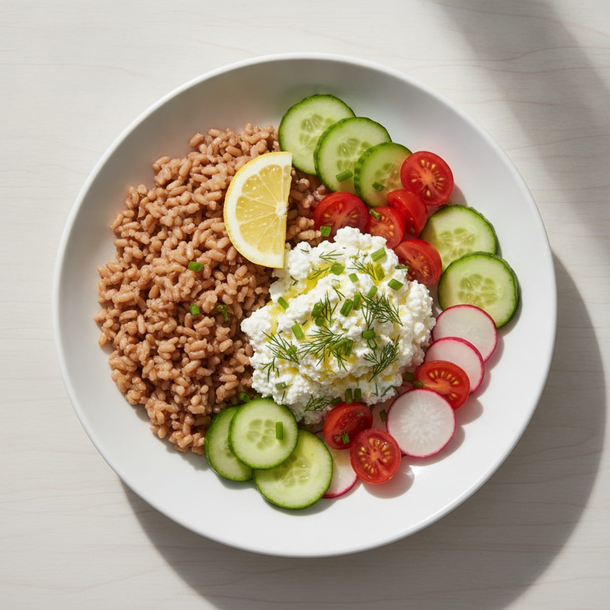 Herb Cottage Cheese Bowl with Fresh Vegetables and Brown Rice