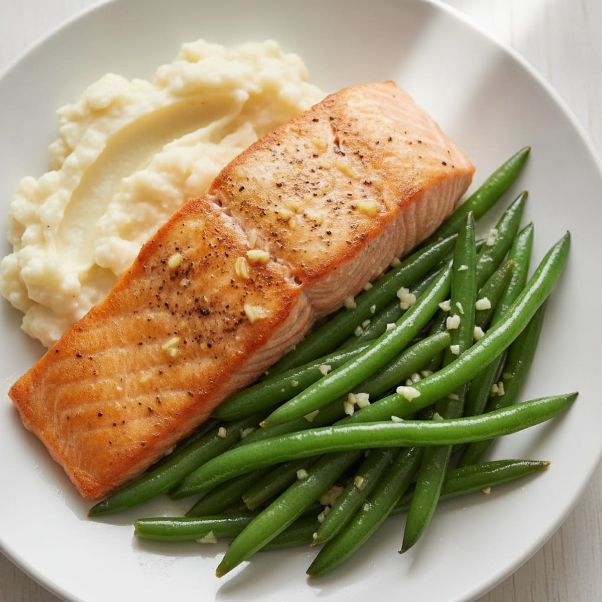 Seared Salmon with Garlic Green Beans and Mashed Cauliflower