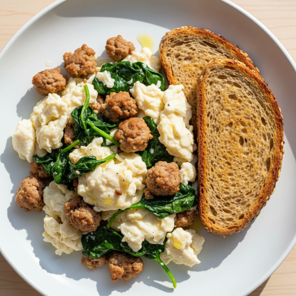 Egg White and Turkey Sausage Scramble with Sautéed Spinach