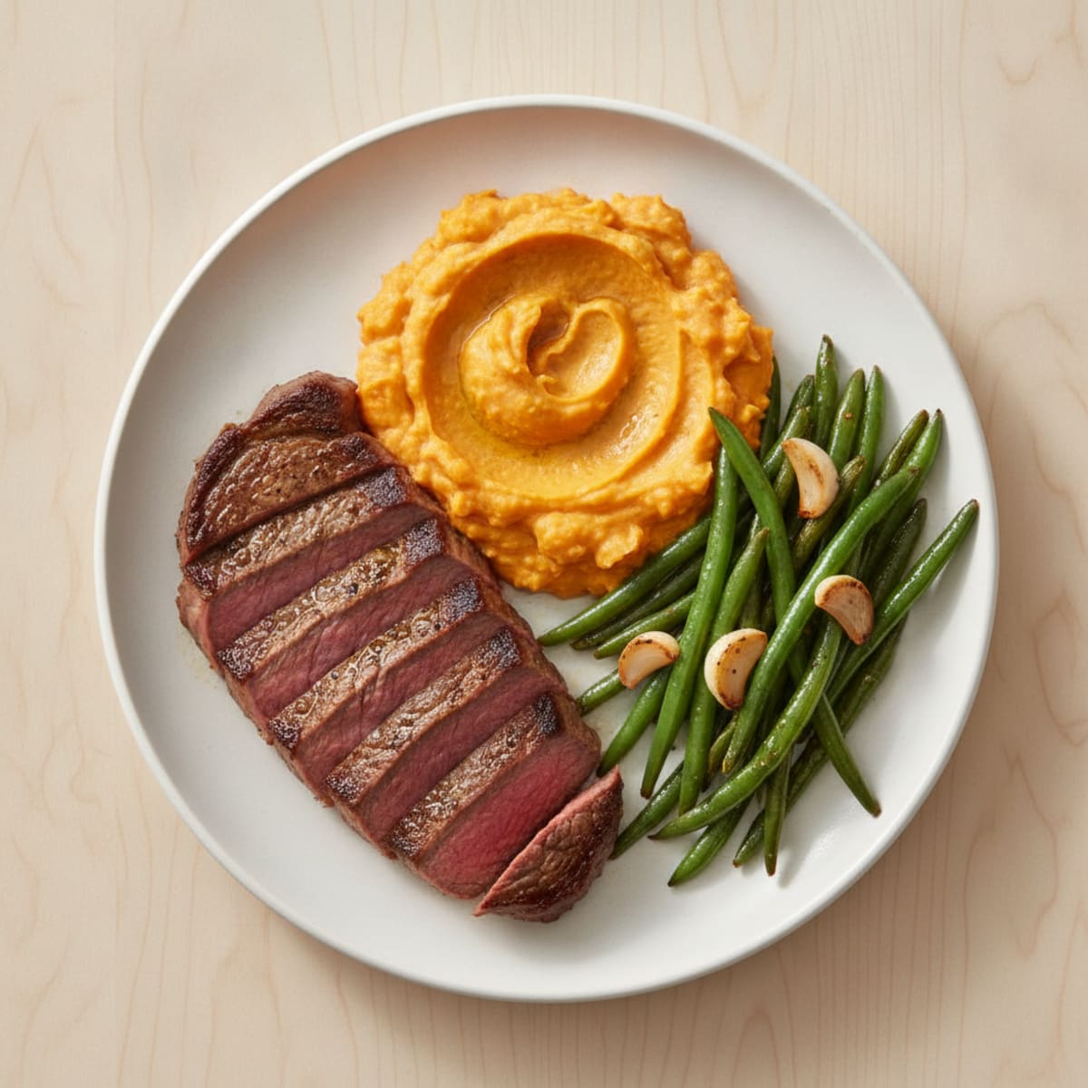 Seared Steak with Garlic Green Beans and Sweet Potato Mash