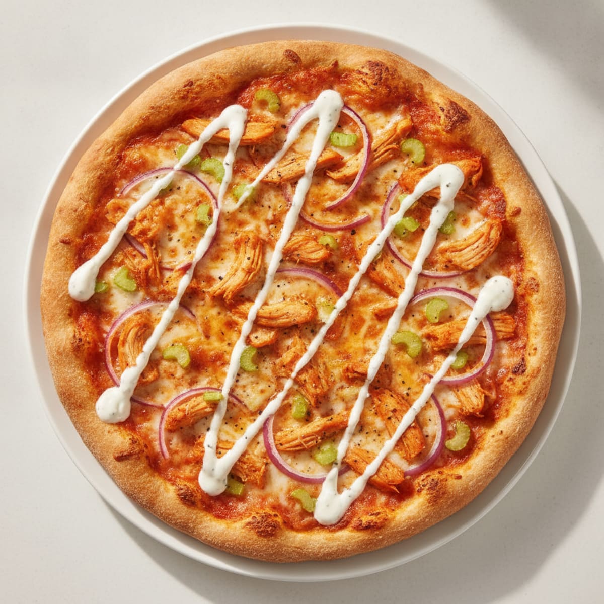 Buffalo Chicken Pizza with Ranch Drizzle
