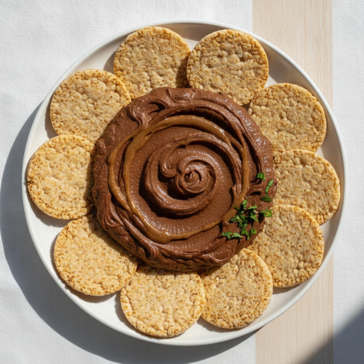 Creamy Chocolate Protein Hummus Dip with Rice Cakes