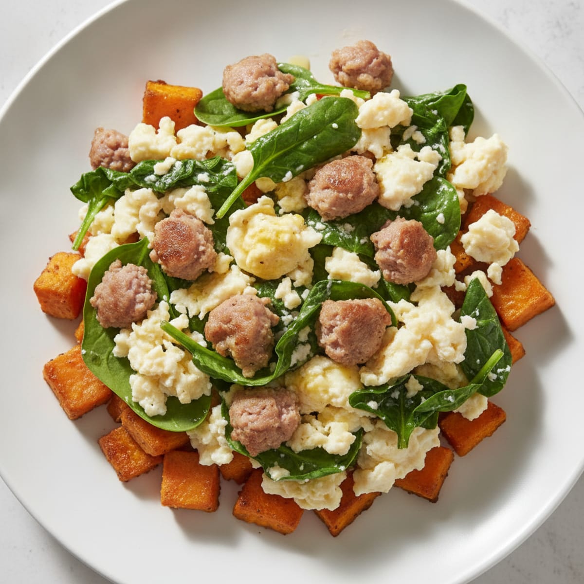 Egg White and Turkey Sausage Scramble with Spinach and Roasted Sweet Potato